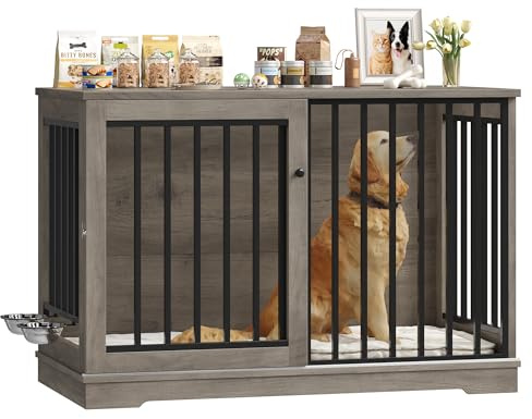 FirFurd 120cm Jaula para Perros,Mesa Auxiliar con Puerta corredera, Jaula Perro Grande para Casa de Madera,para Animales Acero para Perros Medianos y Grandes 120 x 90 x 60 cm (Marrón)
