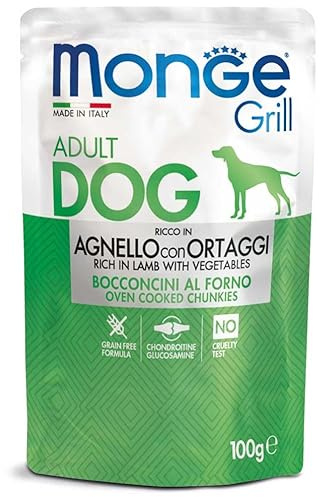 Monge Grill Bocconcini Cibo Umido per Cani Adulti, Ricco in Agnello con Ortaggi, Grain Free, 100g, 24 bustine
