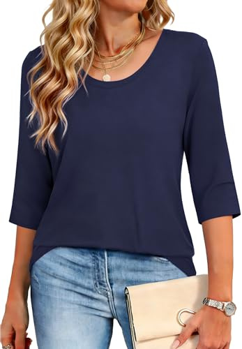 Crewhpo Women's 3/4 Sleeve T Shirts Crew Neck Basic Tops Summer Casual Tees | Solid Color, Relaxed Fit, Cotton Blend, Soft Lightweight, Skin Friendly, Elegant Blouses, Work Outfits, Daily Looks