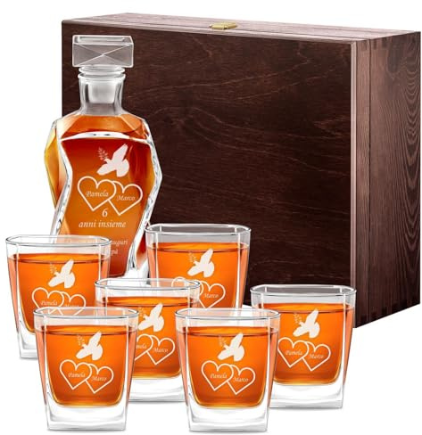 Maverton Set Decanter per Whisky in vetro - da 700 ml - incisione personalizzata - Caraffa con 6 bicchieri - idea regalo per l'anniversario - La colomba