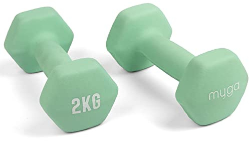 MYGA Hex Dumbbells - Pair of Neoprene & Cast Iron Hexagonal Dumbbell Hand Weights for Women and Men at Home & Gym - Weight: 2 kg