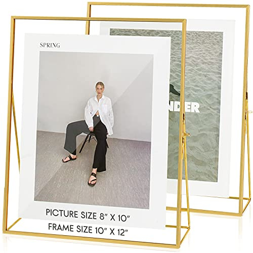 Jajamy Gold Floating Picture Frame Set of 2, 10x12 Glass Pressed Flower Picture Frames, Tabletop Standing Glass Floating Frame for 8x10 Photo Display