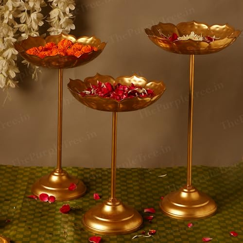 Det lila trädet vackra handgjorda lotusurli-skålen med stativ för Diwali (paket med 3, 30 cm) dekorativ skål för flytande blommor och värmeljus hem