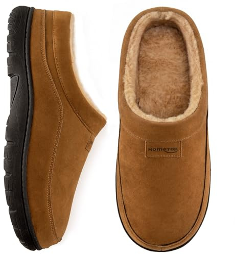HomeTop Men's Moccasin Slippers Non-slip Memory Foam Indoor House Shoes | Clog, Open-Back Design, Breathable, Moisture-Wicking Coral Fleece, Indoor & Outdoor, Machine Washable