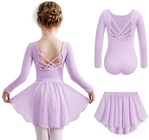 Arshiner Girls Long Sleeve Ballerina Dress Cotton Ballet Outfit Backless Dance Suit Children Ballet Body with Skirt Tutu Purple 5-6 Years