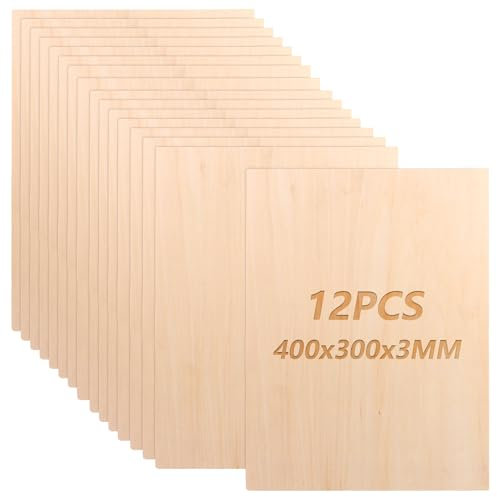 JMIATRY 12 Pezzi Compensato 3mm, Legno Compensato 400x300x3MM, Fogli Di Compensato,Fogli Di Legno Sottili per Bricolage Pirografia Traforo Laser