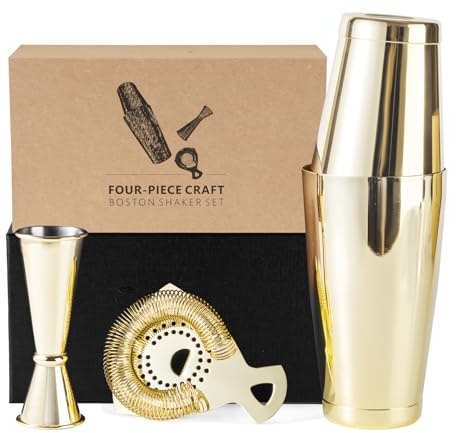 Set Jettory Boston Shaker - Kit per cocktail da 4 pezzi con Boston Shaker in acciaio inox da 18/28 oz, colino da bar e misurino, in una elegante scatola regalo - Ideale per l'uso in casa (Oro)