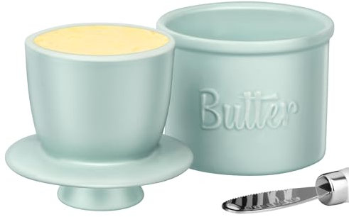 JSHKY Butter Crock with Spreader, Porcelain French Butter Keeper for Counter, Container with Water Liner, Gift for Mother’s Day, Thanksgiving Day and Christmas (Color-Green)