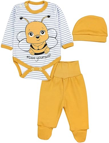 TupTam Conjunto de Ropa Bebés Body y Pantalones y Gorra, Abeja amarilla/rayas grises, 50