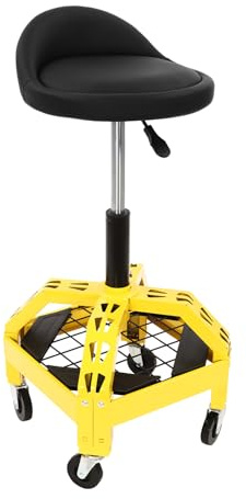 Taburete de taller con ruedas, altura ajustable, 22 – 36,5 cm, capacidad de carga 130 kg, taburete de trabajo 360° con bandejas para herramientas, silla de reparación, taburete mecánico con ruedas