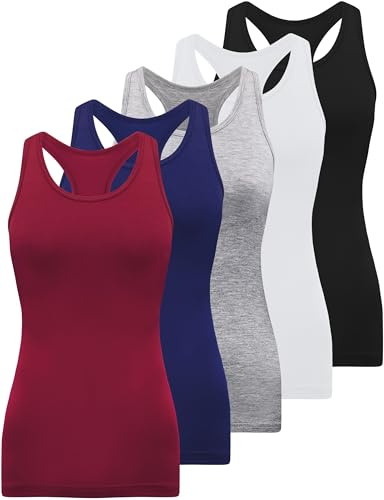 BQTQ 5 Pack Racerback Tank Tops for Women Sleeveless Workout Tank Top Ladies Undershirts Womens Tanks Tops, Black, White, Gray, Dark Red, Navy,M