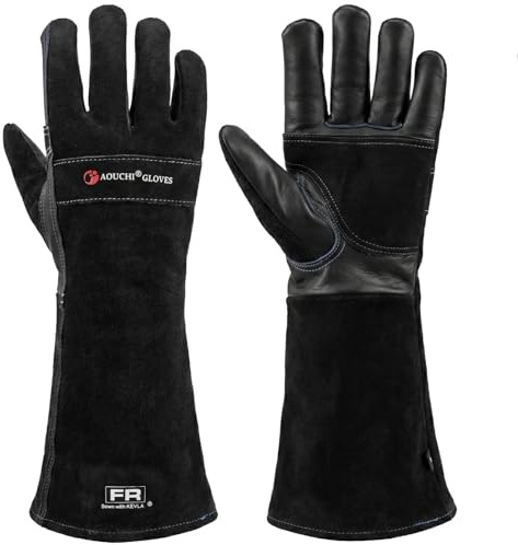 AOUCHI Cowhide BBQ Welding Gloves for Women and Men, Long Sleeve Fireproof and Heat Resistant Mitts for Barbecue, TIG MIG, Firefighting, Fireplace (Black, Small)