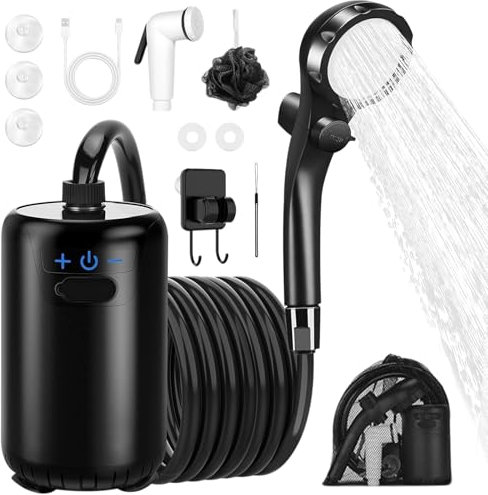 AGARELE Portable Shower, Camping Shower Pump with Rechargeable 8000mAh Battery and Sinking bottom Design, IPX7 Waterproof Outdoor Shower with Intelligent LED Display for Camping, Hiking, Traveling