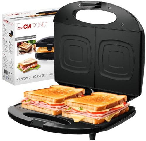 Clatronic® Sandwichmaker | für viereckige Sandwichplatten | Sandwichtoaster mit Antihaftbeschichtung | Toaster Sandwichtoaster mit Backampel | Sandwich Maker bis zu 820 Watt | ST 3814 schwarz