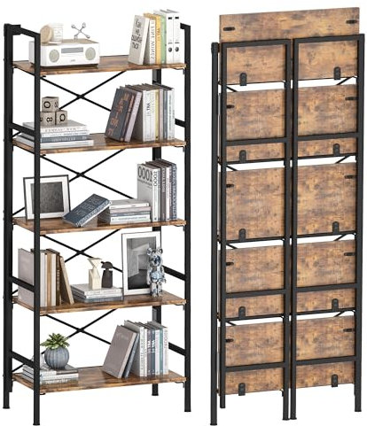 5 Tier Folding Bookshelf, Foldable Book Shelf, Industrial Metal Tall Bookcase, Etagere Book Shelf Storage Organizer for Living Room, Bedroom, and Home Office, Rustic Brown