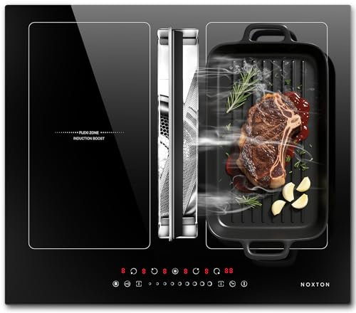 NOXTON Plaque à induction Flex Zones avec hotte aspirante, plaque induction 60 cm Flexizone avec booster, minuterie, 4 zones 7200 W et hotte aspirante 145 W, 220-240 V
