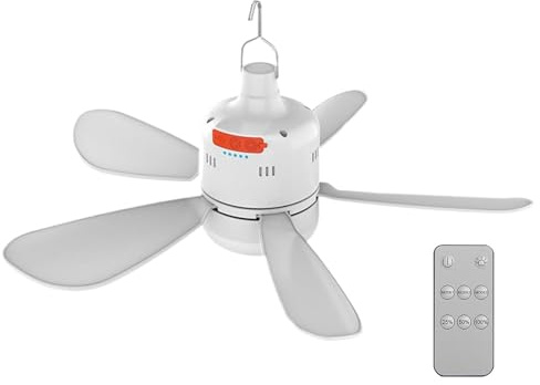Camping Ceiling Fan with Light and Remote, Outdoor Gazebo Fan, Adjustable Speed Rechargeable Cooling Device, Portable Hanging Ventilation Fan for Tent, Patio, Travel