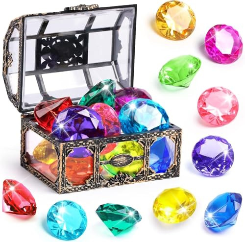 Amyang Diving Gem Pool Toy 10PCS Big Colorful Diamond with Treasure Box Chest Pirate Pool Toys for Kids Toddlers Underwater Sinking Gemstone for Swimming Bath Birthday Party Decoration