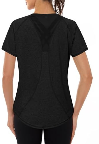 Gyabnw Camiseta Deportiva para Mujer, Camiseta de Manga Corta, Camiseta de Entrenamiento, Rápido Camisetas de Malla Mujer Yoga Fitness Top Ropa Deportiva Entrenamiento Negro Oscuro 3XL