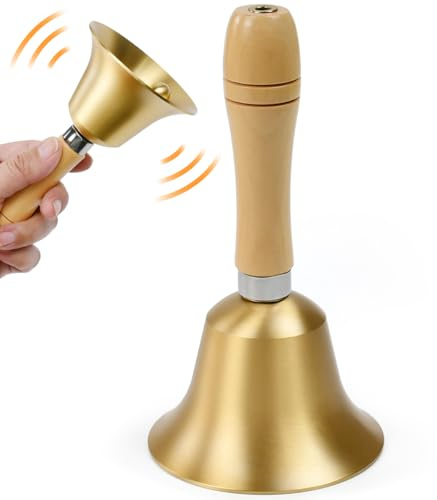 Zithgen Campana de Mano, Campana de Latón Macizo Campanas de Metal con Mango de Madera Campanillas de Metal Campana de Llamada de Mano Grande para Navidad, Bodas, Fiestas, Cenas