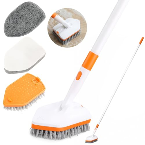 wlich Bathroom Tub Scrubber, 3-in-1 Cleaning Set with Adjustable Handle | Detachable Triangular Brush Head, Washable Microfiber Cloth, 31-57 in Handle for Bathroom, Kitchen, Glass, Wall, Floor, Tile