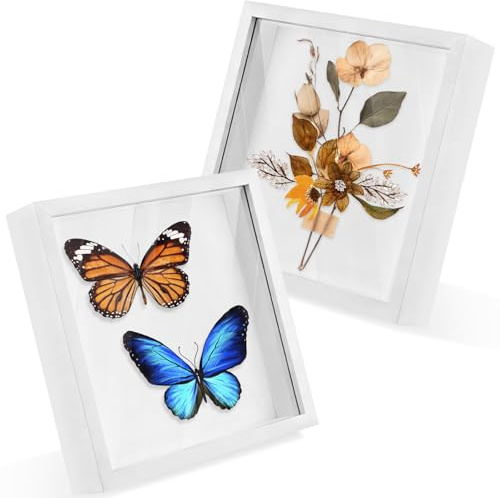 2 Pcs Marcos de Fotos 3D 20x20cm, Marcos con Profundidad Forma Cuadrada, Marco Profundo de Madera Rellenable Blanco, Marco de Objetos Rellenar para Flores Secas, Recuerdos de Bodas, Obras de Arte DIY
