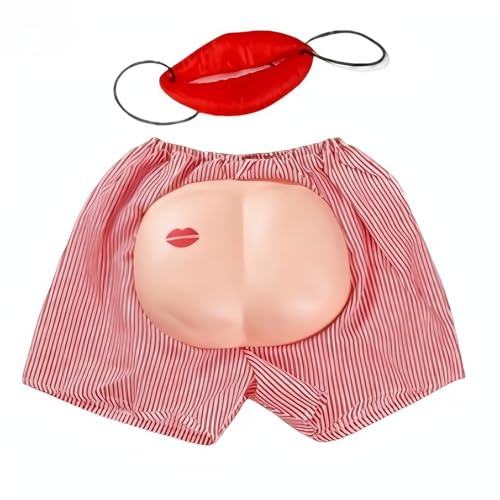 NICEYEA Labios rojos Boca de Salchicha Bum-Bum Pantalones de Juguete Divertido Conjunto de Traje de Halloween Máscara de Silicona Labios y Glúteos Dibujos Animados Labios Rojos Pantalones Decoraciones