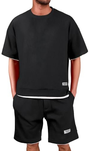 Generico Tuta Uomo Estiva Waffle Completo Estivo Uomo T Shirt Maniche Corte Pantaloncini Tinta Unita 2 Pezzi Tuta (Black, M)