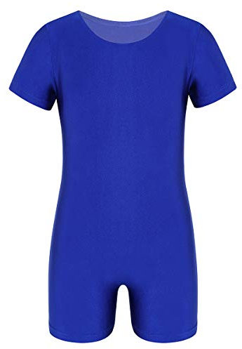 dPois Kinder Mädchen Bodysuit Ballettanzug Trikot Kurzarm Sportlich Jumpsuit Shorts Elastisch Einfarbig Training Tanz Gymnastik Outfit Blau 104
