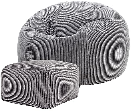 Icon Kingston Pouf Velours Côtelé avec Tabouret, Pouf Poire avec Remplissage, Fauteuil Salon Confortable, Fauteuil Chambre, Meuble Salon, Decoration Chambre, Gris Foncé