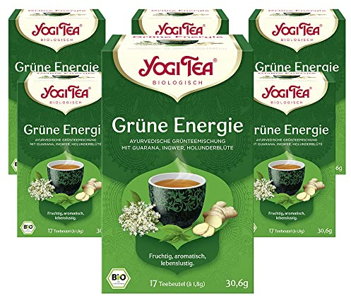 Yogi Tea - Grüne Energie, Ayurvedischer Bio Gewürz- und Kräutertee, Mischung aus Grünem Tee, Guarana, Ingwer und Holunderblüten, Yogi Tee 6er Pack, 6x17 Beutel (102 Teebeutel insgesamt)