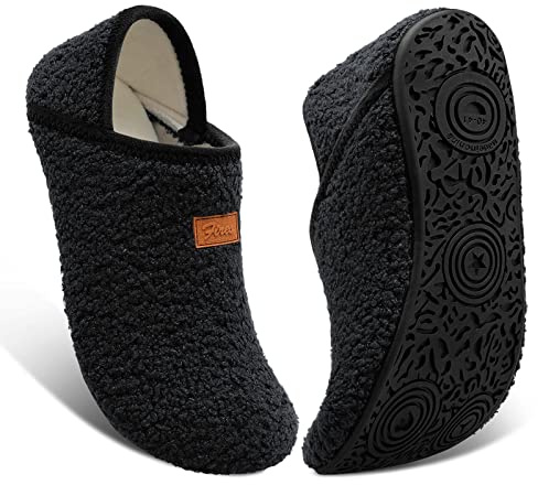Fires Womens Mens Slippers with Rubber Sole Soft-Lightweight House Slipper Socks Around House Shoes Non Slip Indoor/Outdoor, Black, 8-9 Women/6.5-7.5 Men