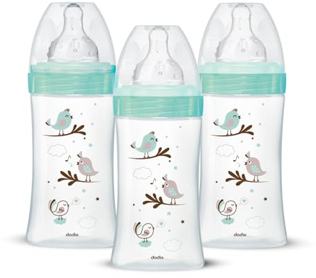 Dodie Lot de 3 Biberons Anti-Colique Initiation+ en verre, 270mL,0-6 Mois, tétine Ronde, Débit 2