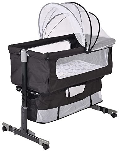 3 in 1 Berceau Cododo avec Matelas et Moustiquaire, Hauteur en Réglable 71 à 88 cm, Lit pour Bébés de 1 à 36 Mois, Mobile Chambre Bébé, Charge Jusqu'à 60 kg, 93×57×(71-88) cm (Noir)