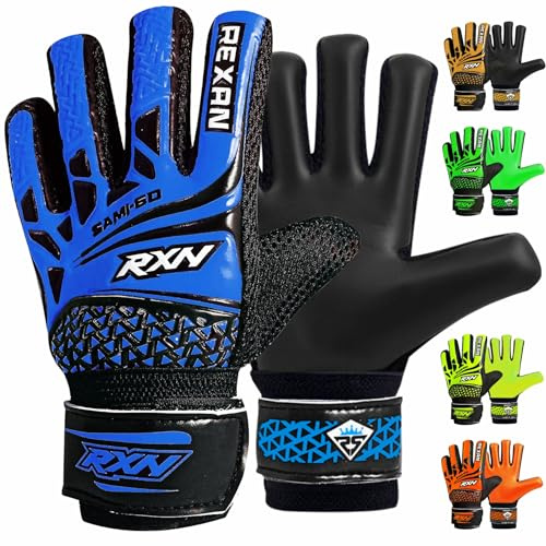 RAXAN Kids Junior Goalkeeper Gloves, Boys and Girls Training Gloves and Non-slip Wear Resistant Latex Material Goalie Protection to Prevent Injuries (Blue, Size 8 Suitable for S Adult)