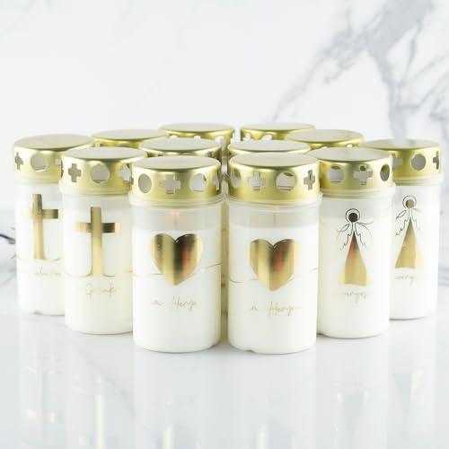 HOFER Lot de 12 petites bougies funéraires, 46 à 54 heures de combustion, avec couvercle, bougie de cimetière, avec motif, bougies pour décoration funéraire et décoration funéraire