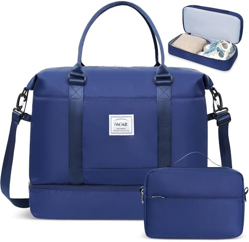 BAGAIL Travel Duffel Bag with Extra Bottom Storage, Come with a Separate Toiletry Bag, Wet and Dry Separation, Ideal Weekender Bag, Gym Carry-On Tote and Hospital Mommy Bag - Navy Blue