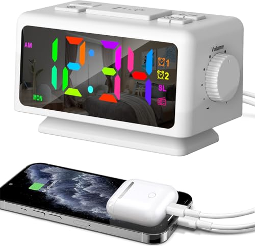 ThreeH Radiosveglia RGB con display orario a colori 12 livelli di luminosità Sveglia radio FM per bambini anziani 12/24 H Doppia porta di ricarica USB Bianco