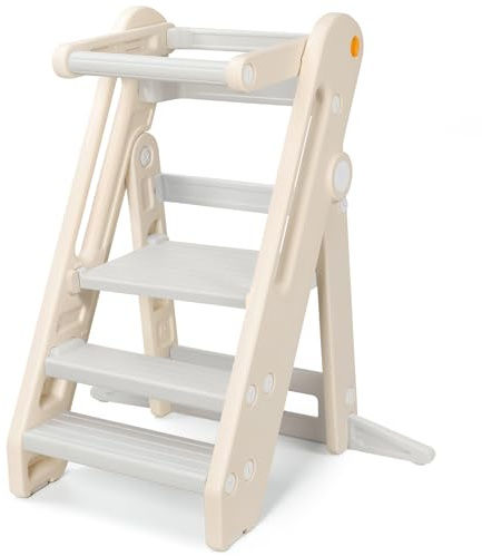 Onasti Toddler Tower Kitchen Stool Helper, Foldable & Adjustable Height Kids Learning Stool for Kitchen Counter Bathroom Sink, Child Ladder for Toddlers with Handles, Safty Rail, Non-Slip Pads-Grey