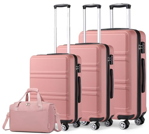 KONO Kofferset 4 Teilig Hartschalekoffer mit TSA Schloss Gepäcksets Handkoffer Mittelgroß Groß Trolleys mit 40x20x25cm Ryanair Reisetasche (55cm/65cm/74cm Koffer Trolley Set und Tasche), Rosegold