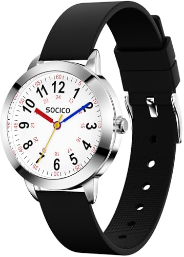 SOCICO Montre Enfant Apprentissage pour Garçons Filles,3ATM/30M Étanche Montre Aiguille pour Éducative de l'heure,Cadeau (Noir)