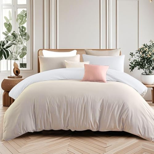 Soifox Double Duvet Set Beige and White, 3 Piece Microfiber Reversible Double Bedding Bed Sets, Soft and Non Iron Quilt Duvet Cover Set with 2 Pillowcases 50x75cm