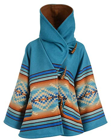 StarTreene Womens Wool Blend Floral Print Boho Hooded Bell Sleeve Vintage Loose Overcoat with Pockets