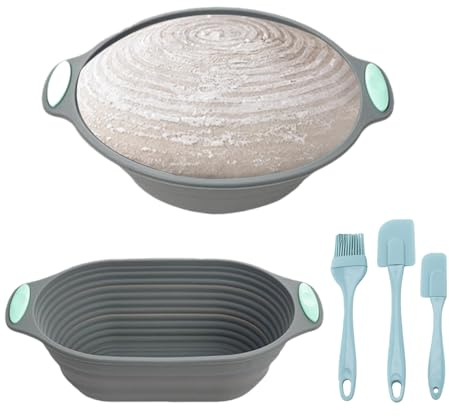Cesta de Fermentación,Mengger 2 piezas Cesta de Fermentación de Silicona para Pan 2 Rascadores 1 Cepillo,Cestas de Fermentación para Pan,Cestas de Fermentación Ovalada(Gris Azulada)