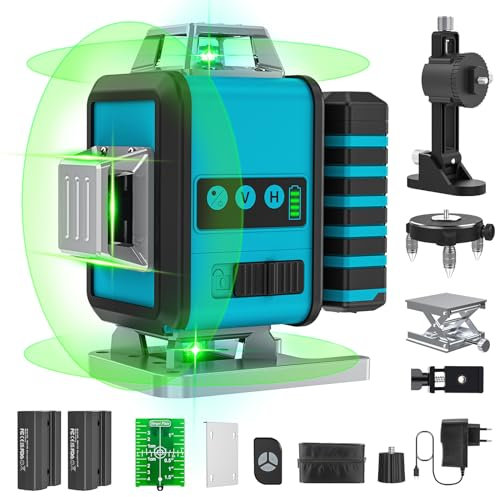 Livella Laser Autolivellante 4 X 360 °16 Linee, Livello Laser Autolivellante Verde, 2 x Batterie, Supporto rotante, Telecomando, Base Magnetica, Gamma di Lavoro: 30M
