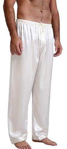 Pantalon de pyjama en soie pour homme décontracté ample taille élastique pantalon de nuit doux et confortable en satin, A - Blanc, L