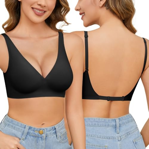 UMIPUBO Soutien Gorge Dos Nu sans Armature Comfit Femme Col en V Brassière Daily Push Up Bralette Coutures à Léger Rembourrage Classiques Maintien avec Coussinets (Noir, S)