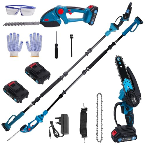Bostar 4 in 1 Cordless Garden Multi Tool Set, Pole Chainsaw & Hedge Trimmer, Compatible with Makita-18V, 2.5m Extendable Long Reach Pruner with Shoulder Strap, 2 Batteries for Tree & Hedge Cutting