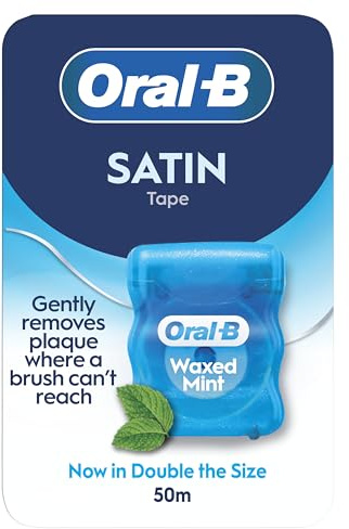 Oral-B Rotolo di nastro satinato per rimuovere la placca, il filo interdentale cerato per spazi ristretti, per una sensazione di freschezza e pulizia, sapore di menta, rotolo da 50 m