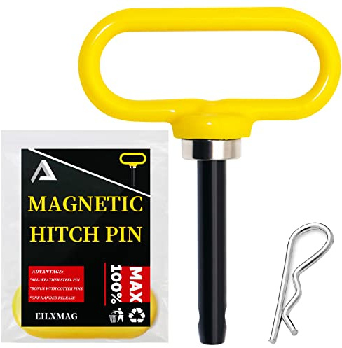 EilxMag Magnetic Hitch Pin, Lawn Mower Trailer Hitch Pins - Strong Heavy Duty Neodymium Magnet Trailer Gate Pin for Mowers, Lawn Tractors, Towing Cargo - Simple One Handed Hook On & Off（Yellow）